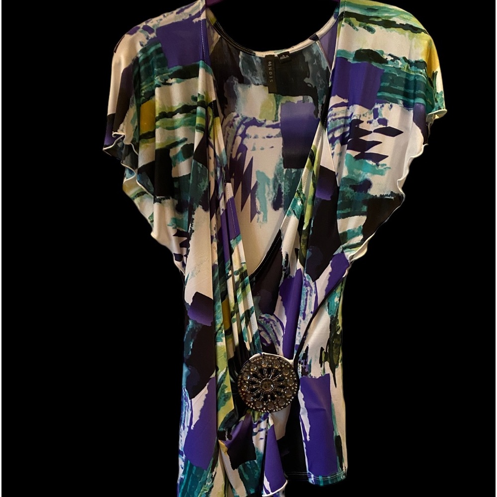 Sioni Abstract Faux Wrap Top Large Purple Blue Green Brooch Flutter Sleeve - Picture 2 of 6